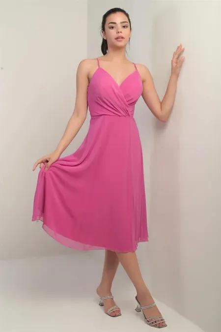 Women's Strappy Wrap Neckline Lined Lace-Up Back Flared Chiffon Dress