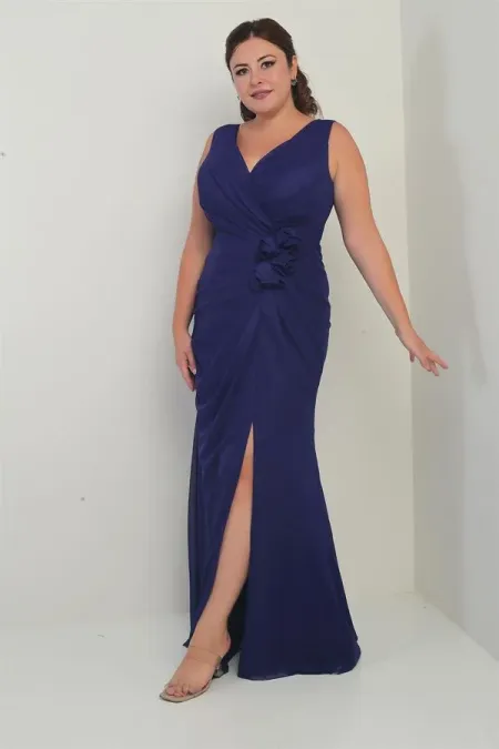 Robe longue en tulle grande taille pour femme, décolleté en V devant et dos, doublure sur le devant, imprimé floral 3D moucheté.