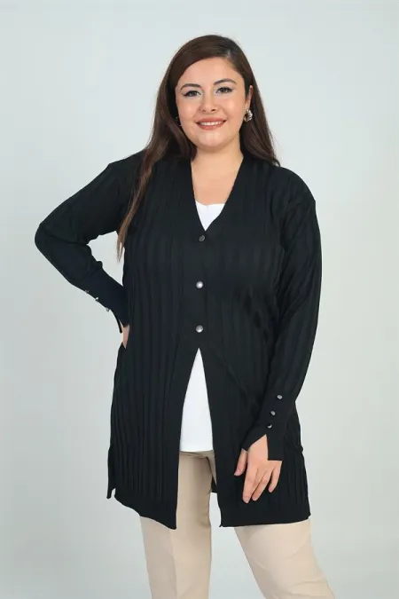 Gilet long grande taille pour femme avec détail de boutons de manchette et lycra côtelé épais