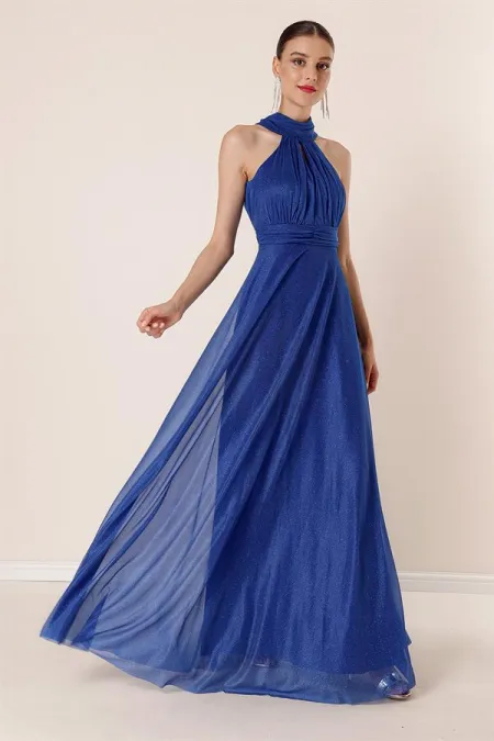 Halter Neck Lined Glittery Long Dress
