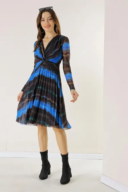 Double-Breasted, Lined, Front Knotted Wave Pattern Pleated Tulle Dress