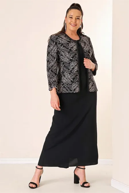 Robe longue à col perlé, ensemble deux pièces grande taille avec veste brodée de perles et de sequins, doublée.