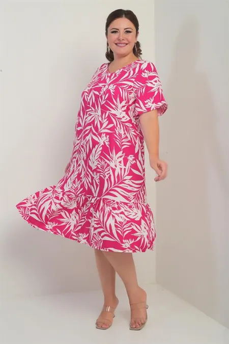 Robe grande taille pour femme, col en V, motif feuilles variées, poches et jupe à volants