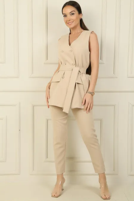 Gilet à 6 boutons avec fausses poches et ceinture, pantalon slim à taille élastique - Ensemble 2 pièces