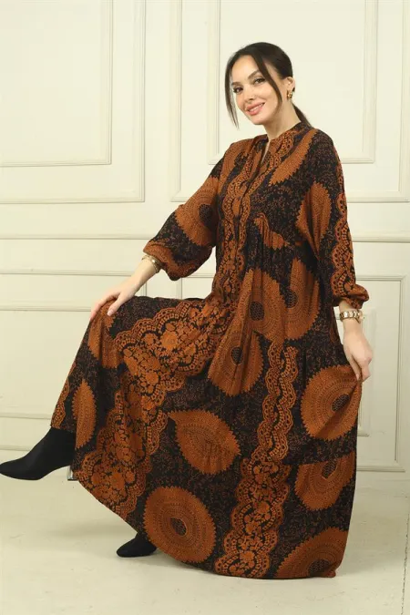 Women's Half-Front Ethnic Patterned Ruffled Oversize Long Dress