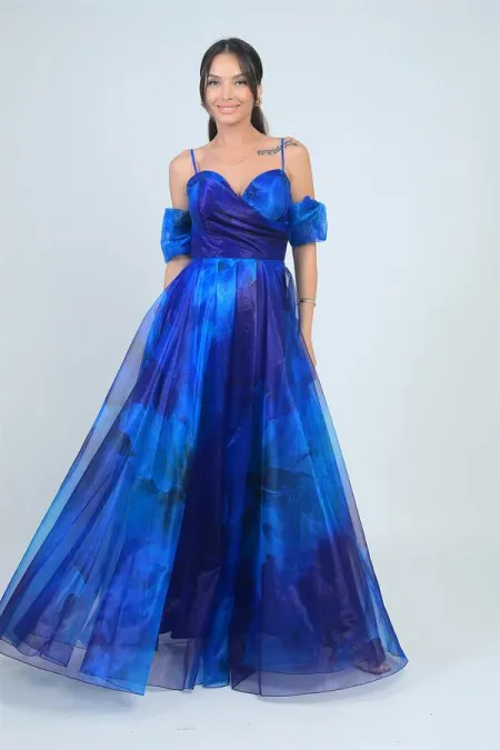 Robe longue en organza à fleurs, doublée, à fines bretelles et manches amovibles