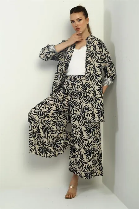 Women's Side Slit Tunic Shirt, Elastic Waist Pocketed Palazzo Pants, Floral Pattern Oversize 2-Piece Set