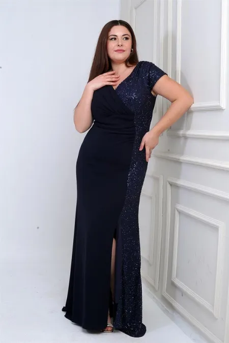 Women's Double-Breasted, Lined, Side Beaded, Plus Size Long Chiffon Dress