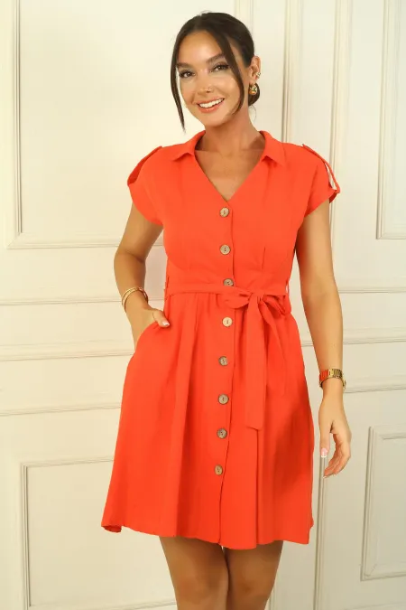 Women's Polo Collar Button-Front Belted Pleated Detail Linen-Effect Dress