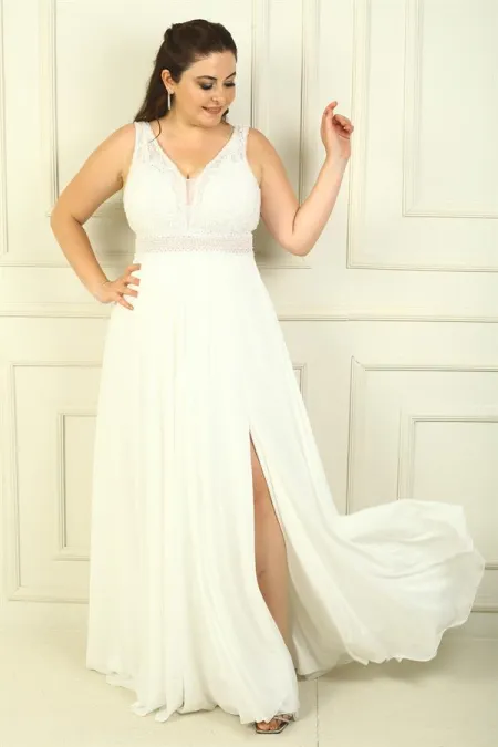 Ön Arka V Yaka Üst Boncuklu Çiçek Motifli Astarlı Uzun Şifon Abiye Elbise