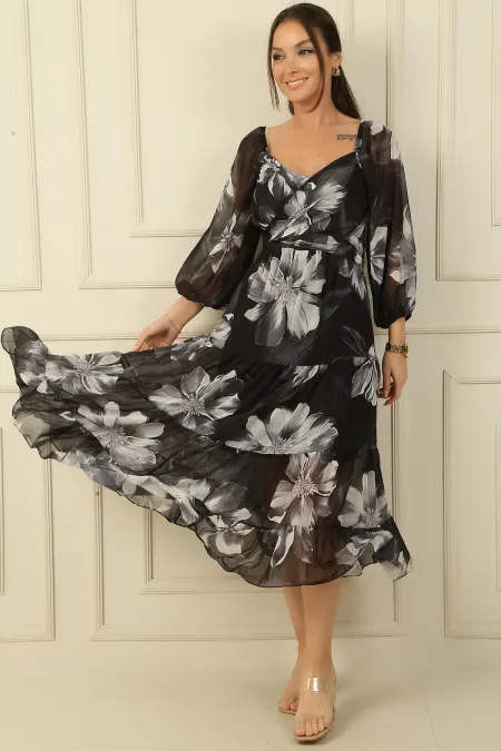 Madonna Neckline Lined Cross-Tie Floral Wrap Chiffon Dress