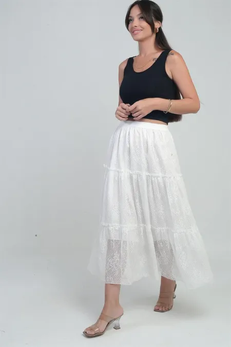 Kadın Beli Lastikli Astarlı Çiçekli Tül Etek