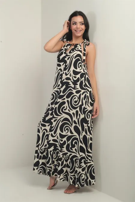 Women's Long Dress with Collar Accessory, Side Lace-up, Pockets, and Mixed Pattern.