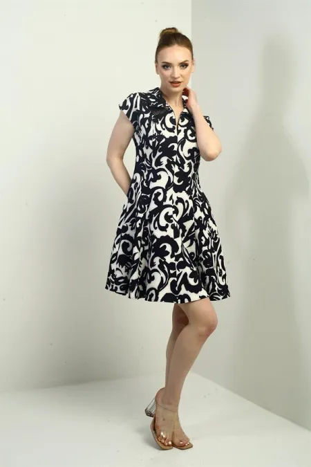 Kadın Önü Yarım Fermuar Ve Dantel Detaylı Kendinden Telalı Etnik Desen Kısa Kloş Elbise