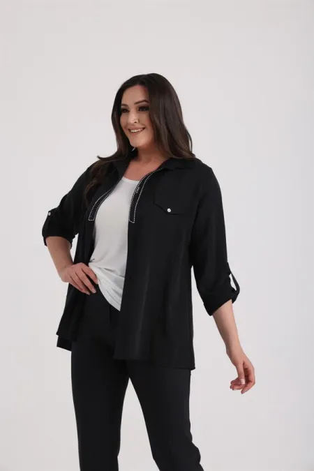 Ensemble 2 pièces pour femme : blouse sans manches en lycra à manches repliées et veste ornée de sequins, grandes tailles.