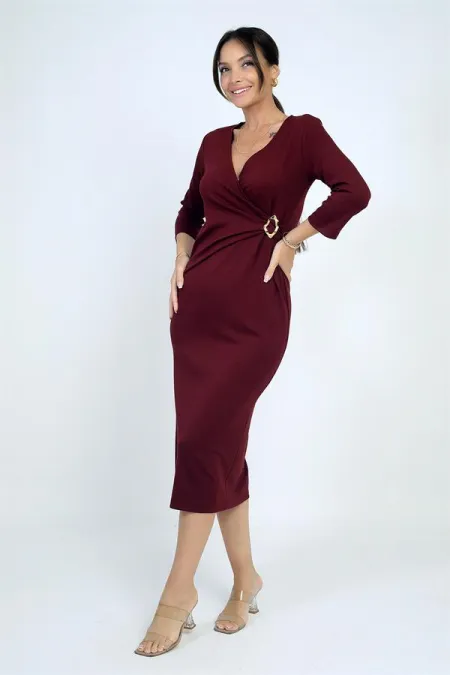 Women's Wrap Neckline Midi Dress with Buckle Detail and Slit