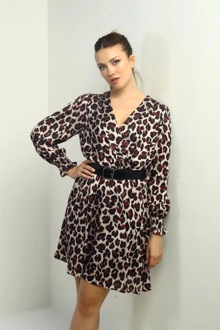 Women's Wrap Neckline Belted Lined Leopard Print Satin Short Dress