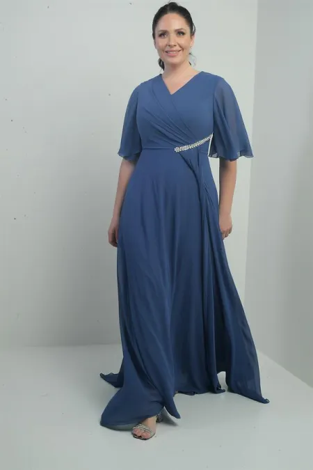 Robe longue en mousseline pour femme, grande taille, col en V, ceinture ornée de pierres, drapée et doublée