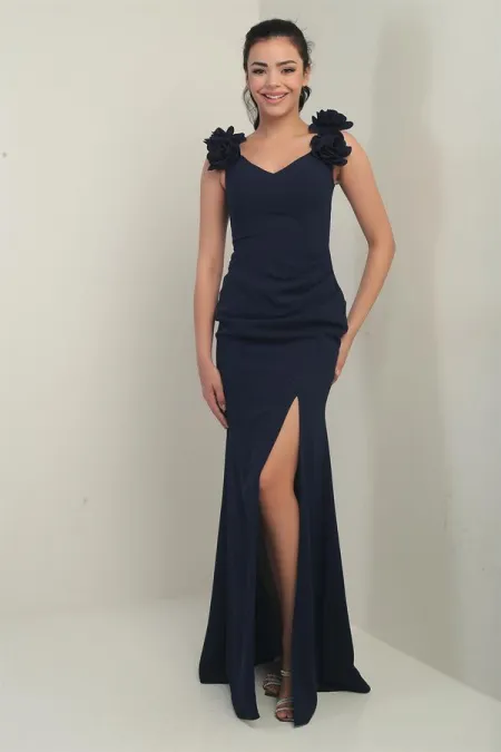 Women's Madonna Neckline Long Dress with Floral Detail and Draped Front