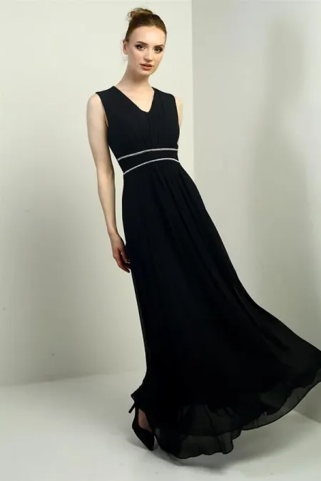 Women's V-Neck Long Crepe Chiffon Dress with Stone Detail at Waist, Gathered Front, Lined, and Tie-Back Closure.