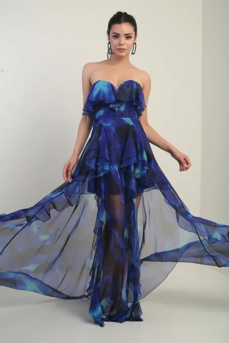 Robe longue bustier doublée en mousseline à volants et imprimé floral pour femme