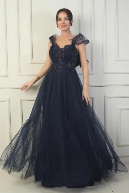 Robe de soirée princesse pour femme, décolleté en V devant et dos, manches tombantes doublées et broderie appliquée sur le haut