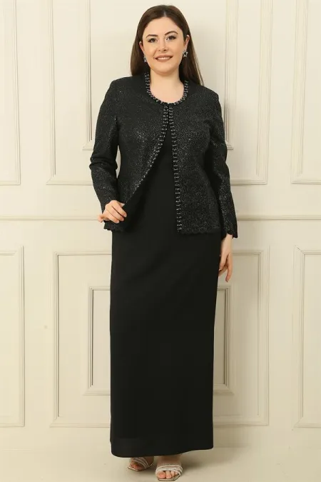 Robe longue en crêpe avec col et doublure ornés, veste à sequins, ensemble 2 pièces grande taille