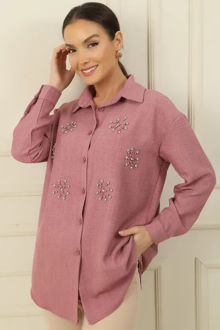 İnci-Taş Detaylı Keten Efekt Gömlek