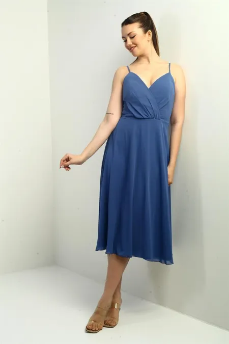 Women's Strappy Wrap Neckline Lined Lace-Up Back Flared Chiffon Dress