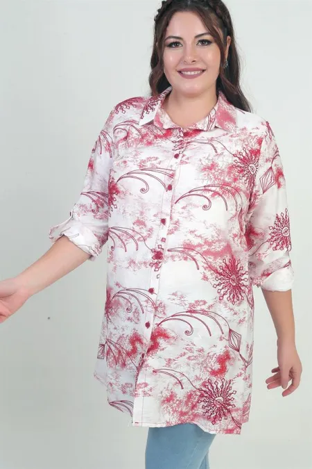 Chemise longue grande taille pour femme, à manches repliées et motif batik