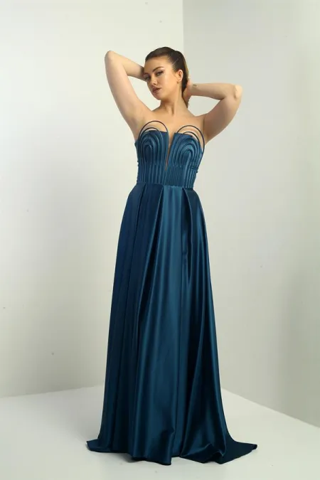 Women's Strapless, Lined, Front Underwire, Flared Long Satin Evening Dress with Pocket