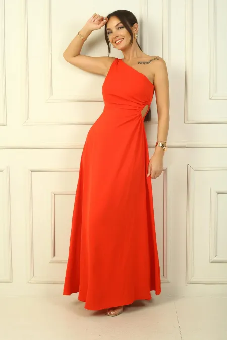 Women's One-Shoulder Long Crepe Satin Dress with Side Window Detail