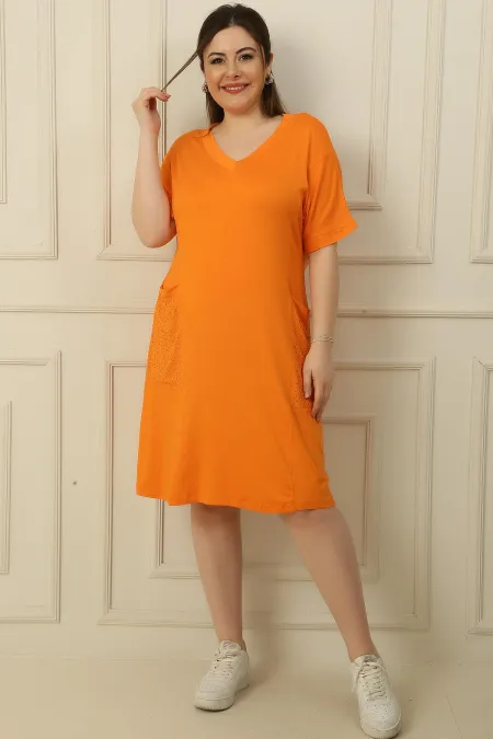 V-Neck Plus Size Viscose Dress with Embellished Pockets