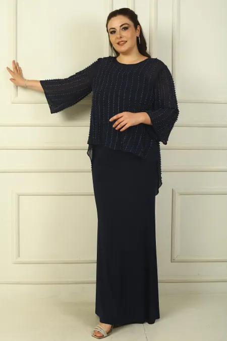 Robe longue couleur sable avec doublure à bretelles et chemisier en mousseline perlée boutonné au dos, ensemble 2 pièces grande taille