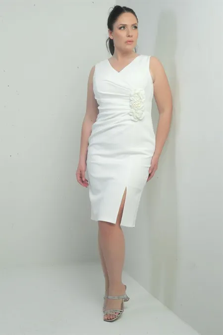 Robe midi grande taille pour femme, décolleté en V devant et dos, doublure intégrée et détails floraux 3D