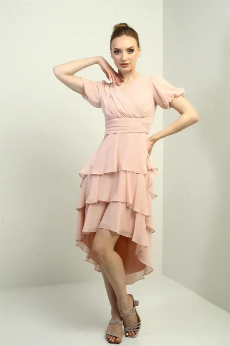 Women's Wrap Neckline Back Zipper Layered Pleated Chiffon Dress