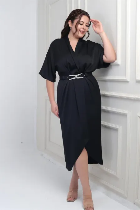 Women's Wrap Neck Short Batwing Sleeve Double Pleated Crepe Satin Plus Size Midi Designer Dress