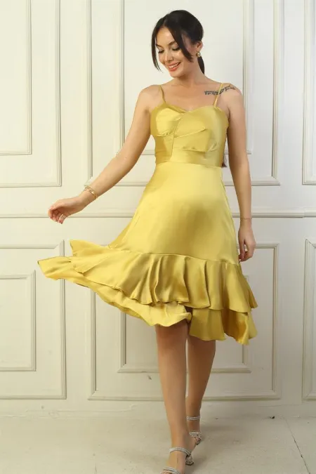 Jupe à bretelles pour femme, doublée et drapée, avec double volant en satin