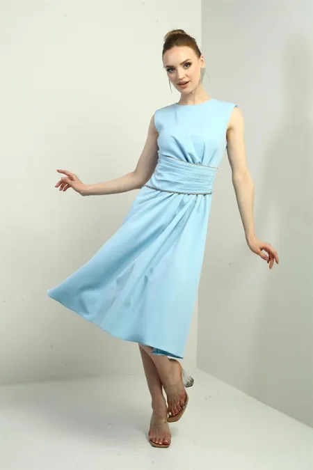 Robe midi évasée drapée en crêpe pour femme, ornée de pierres à la taille