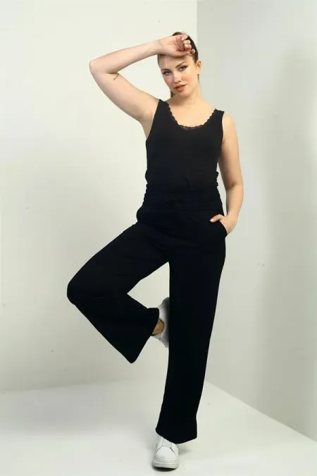 Kadın Beli Kalın Lastikli Cepli Çımalı Palazzo Pantolon