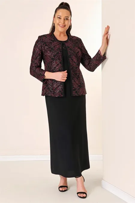 Robe longue à col perlé, ensemble deux pièces grande taille avec veste brodée de perles et de sequins, doublée.