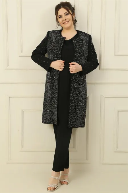 Ensemble 3 pièces grande taille : blouse sans manches, veste longue doublée à imprimé pierre, pantalon slim