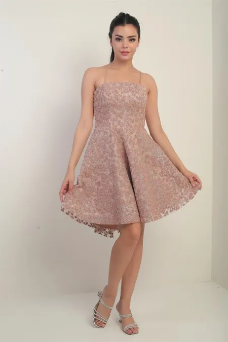 Robe courte évasée à bretelles doublée pour femme avec imprimé floqué pailleté