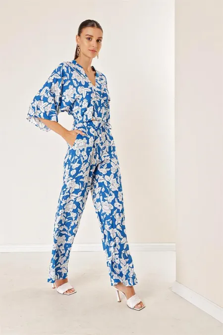 Beli Lastikli Cepli Palazzo Pantolon Ön Arka V Yaka Crop Desenli İkili Takım