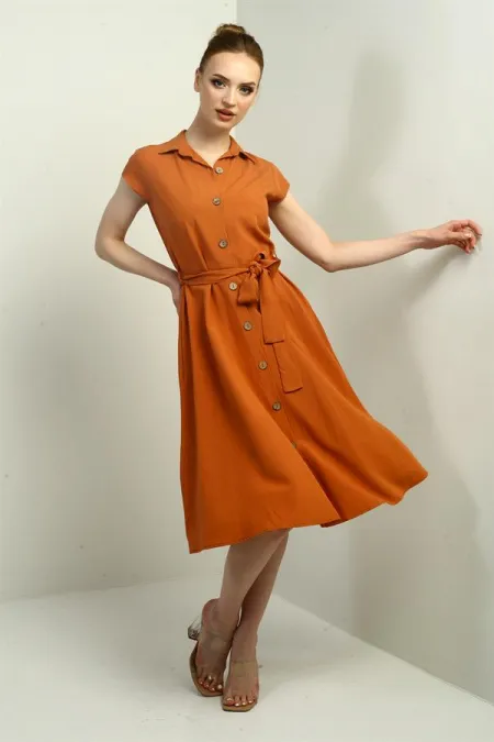 Women's Button-Front Belted Shirt Collar Short-Sleeve Dress