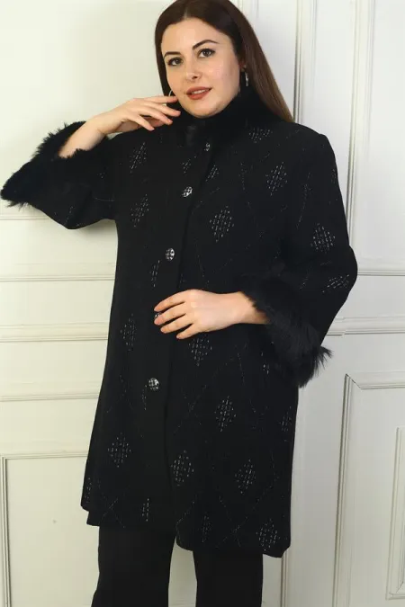 Cardigan grande taille pour femme avec col et manches en fourrure, boutonné sur le devant, poches et motif diamant pailleté