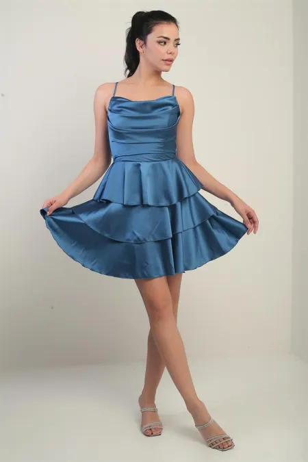 Women's Strappy, Back-Tie Short Dress Made of Layered Satin