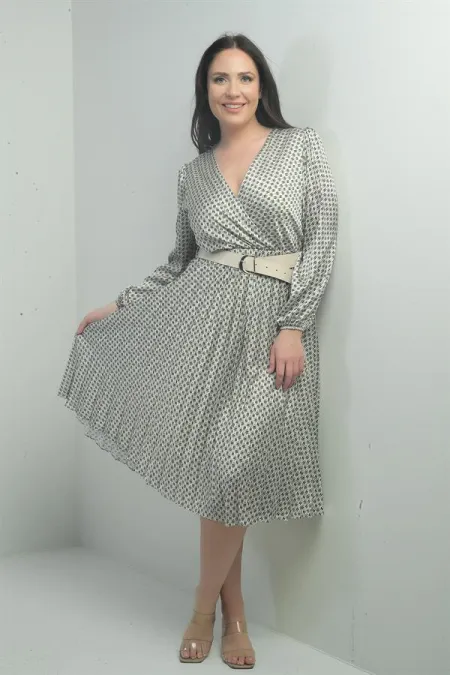 Kadın Kruvaze Yaka Beli Kemerli Astarlı Desenli Pileli Midi Saten B.B Elbise