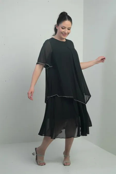 Robe midi en mousseline doublée à manches courtes à volants pour femme, grande taille, ornée de pierres