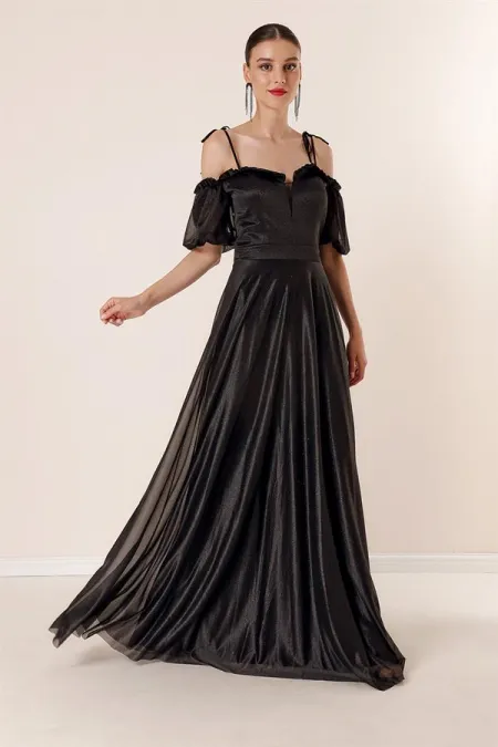 Long Dress with Pleated Neckline, Balloon Sleeves, Lined, and Glittery Embellishments.